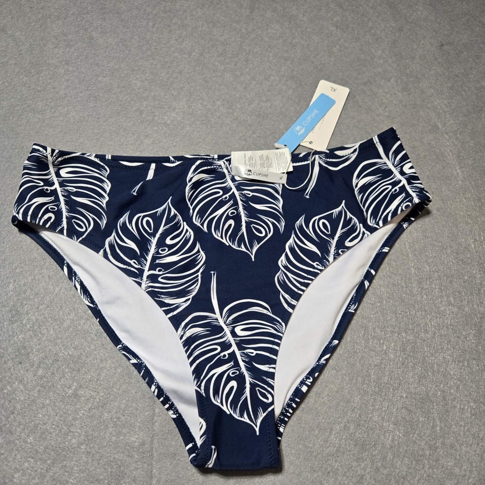 Cupshe Womens XL Navy Blue White Monstera Tropical High Waisted Bikini Bottom